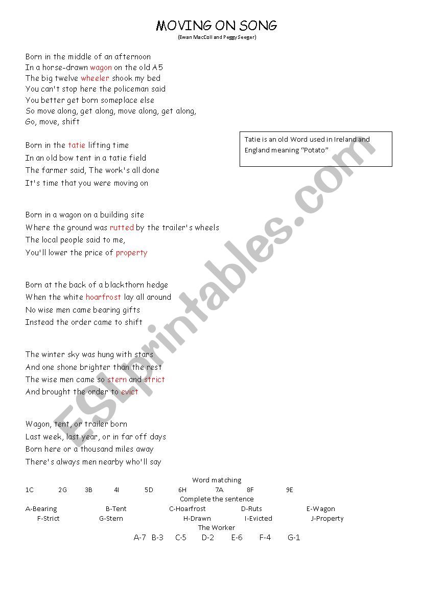 The Moving Song worksheet