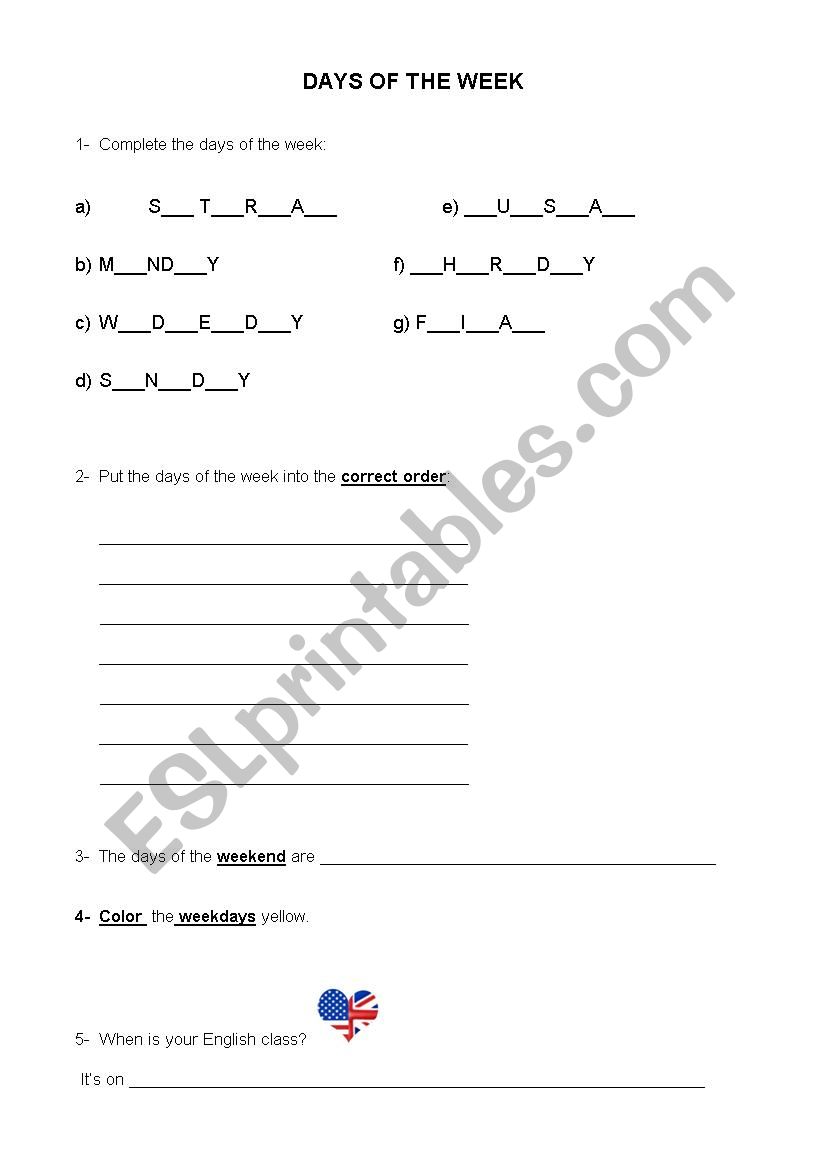 DAYS OF THE WEEK worksheet