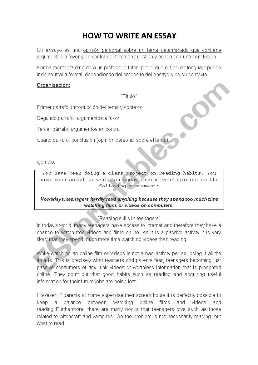 How to write an essay worksheet