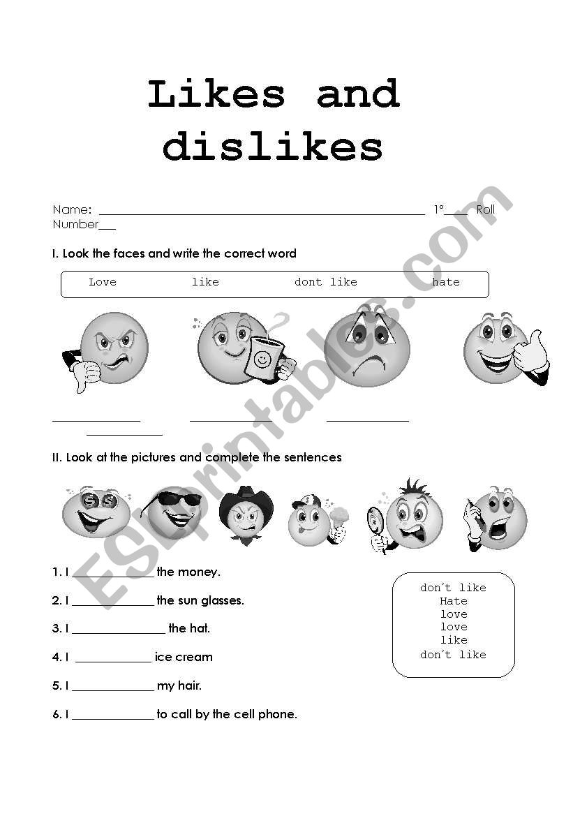 likes and dislikes worksheet