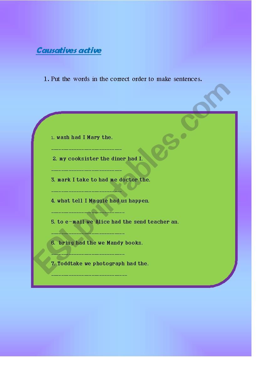 causatives active worksheet