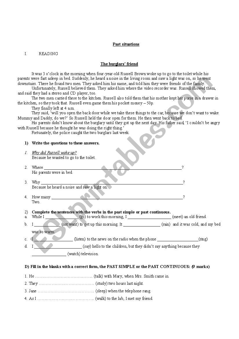 The Burglars friend worksheet