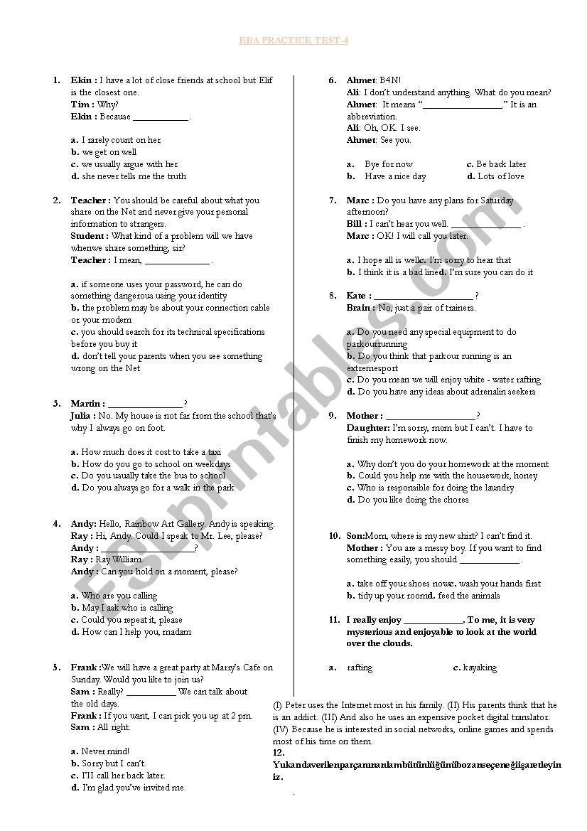 TEOG 2 Practice Test (EBA EXAM 4)