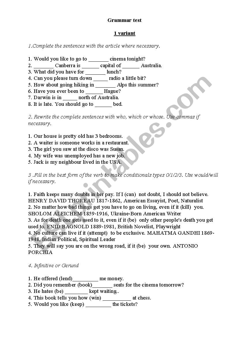 Grammar Test worksheet