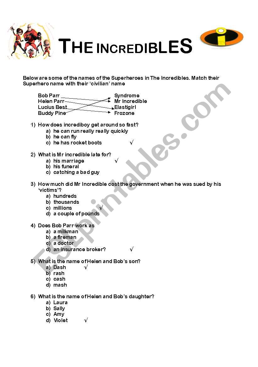 The Incredibles multiple choice question sheet