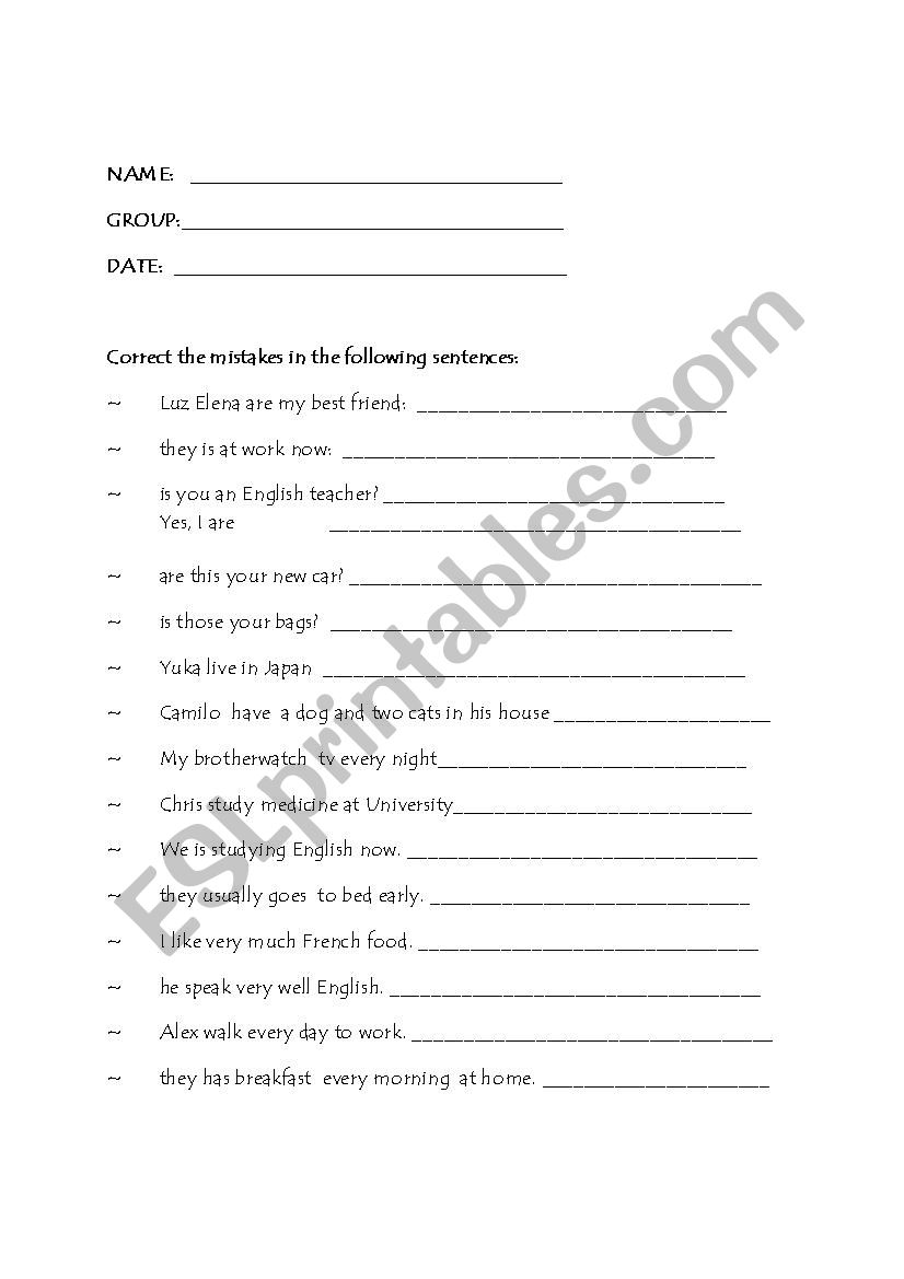 CORRECT THE MISTAKES worksheet