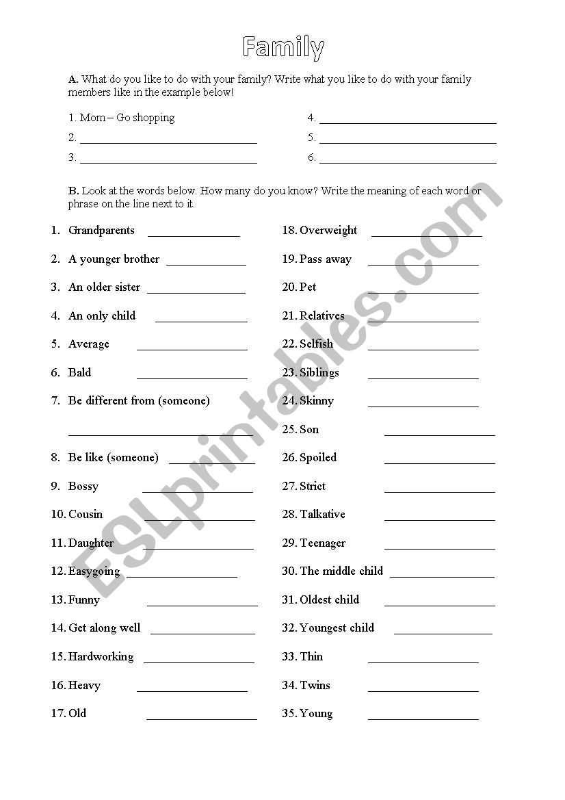 Family Vocabulary Worksheet worksheet