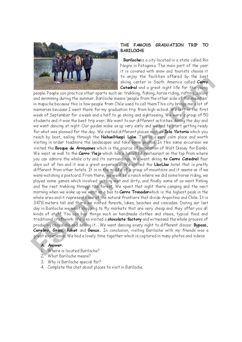 graduation trip to bariloche worksheet