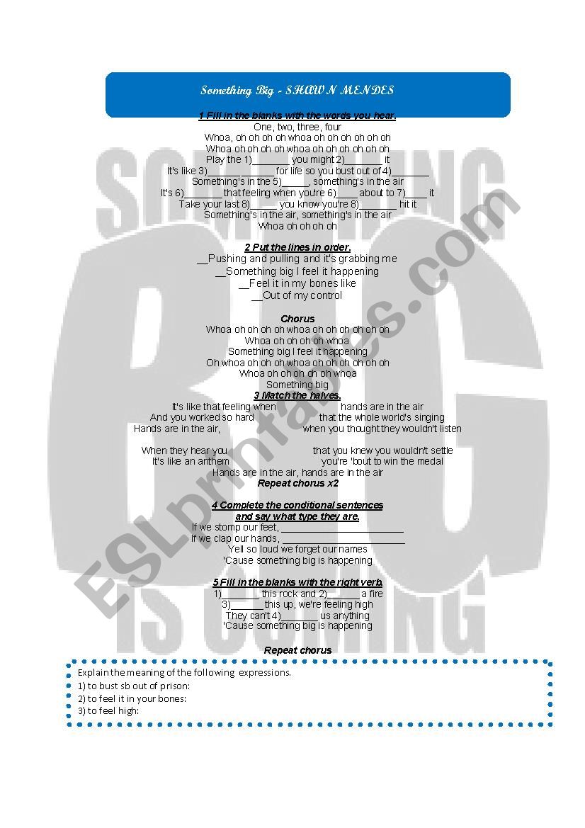 Something Big - Shawn Mendes worksheet