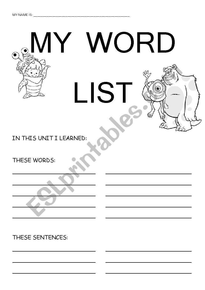 WORD LIST worksheet