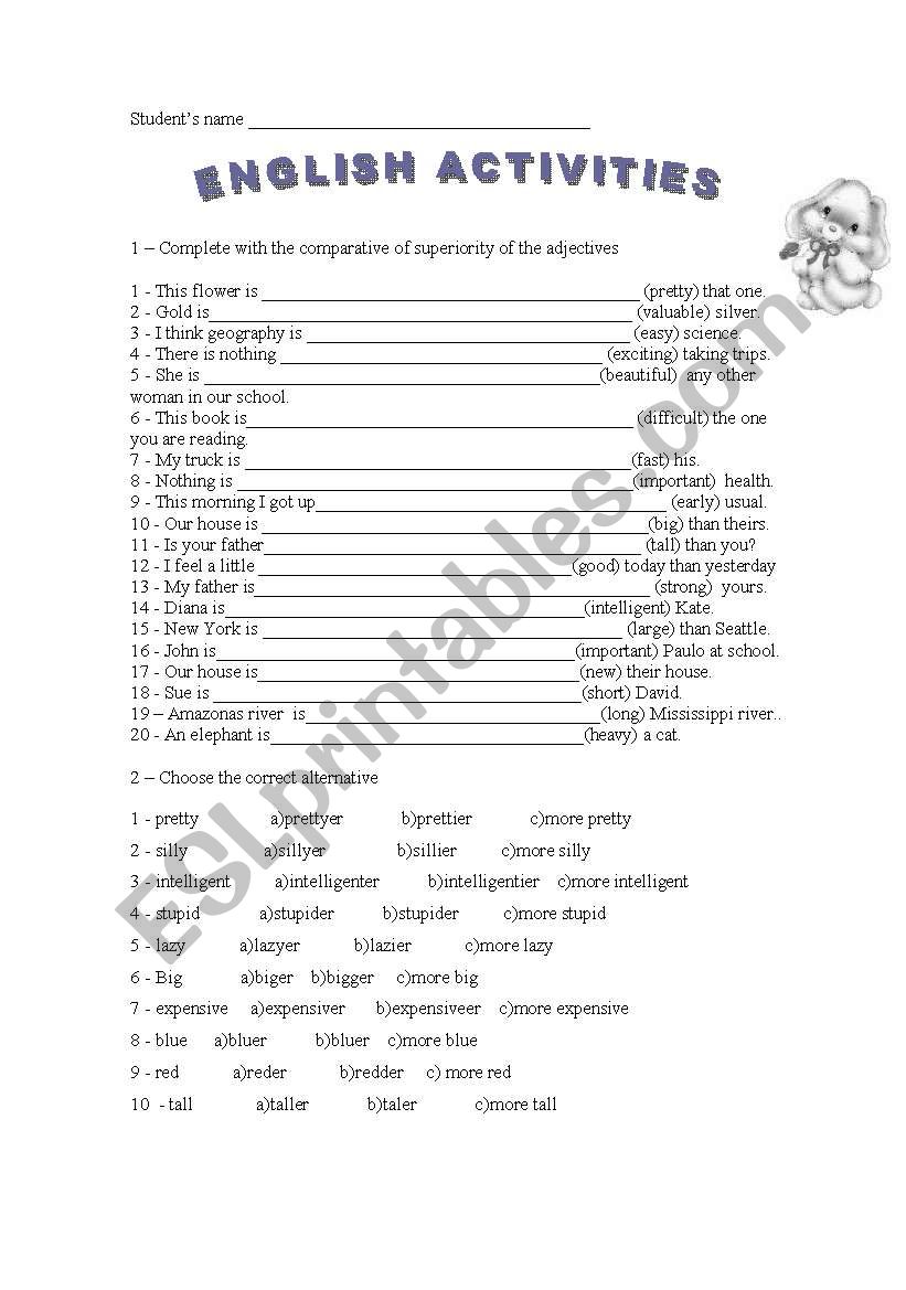 Comparative activity worksheet