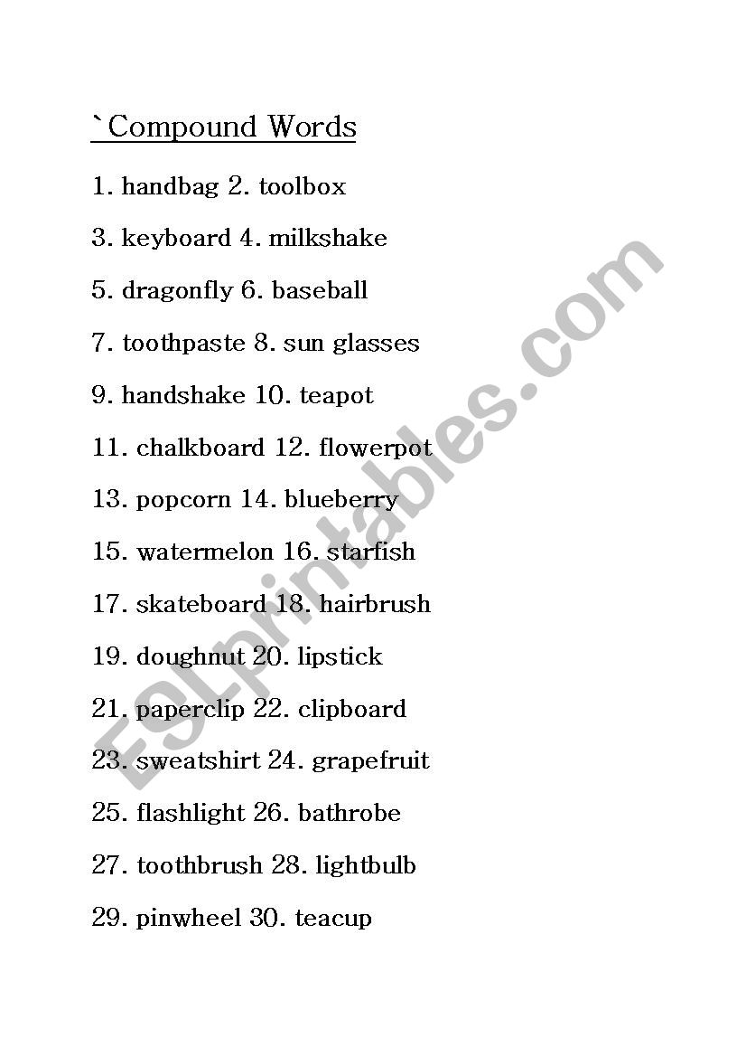 compound word list worksheet