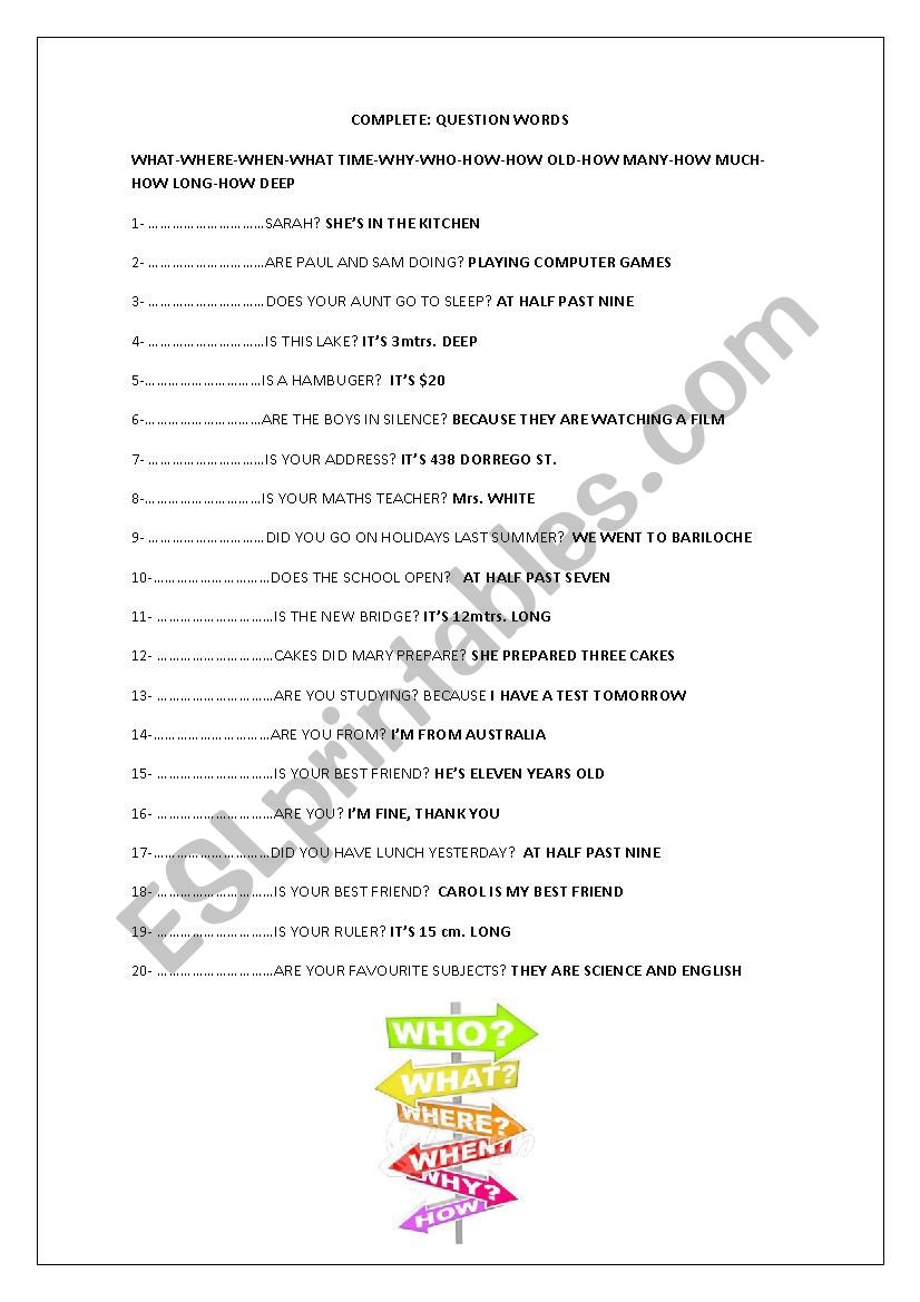 QUESTION WORDS worksheet