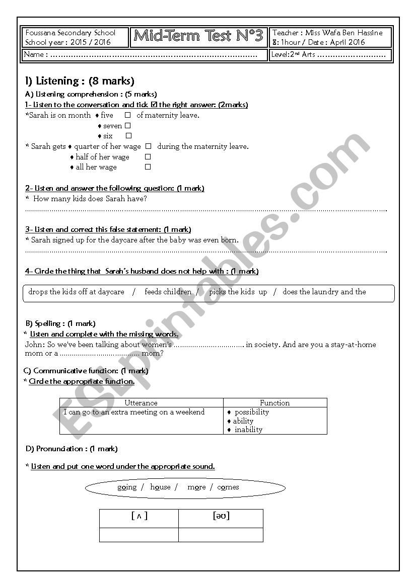 Mid-term test 3 (second form) worksheet