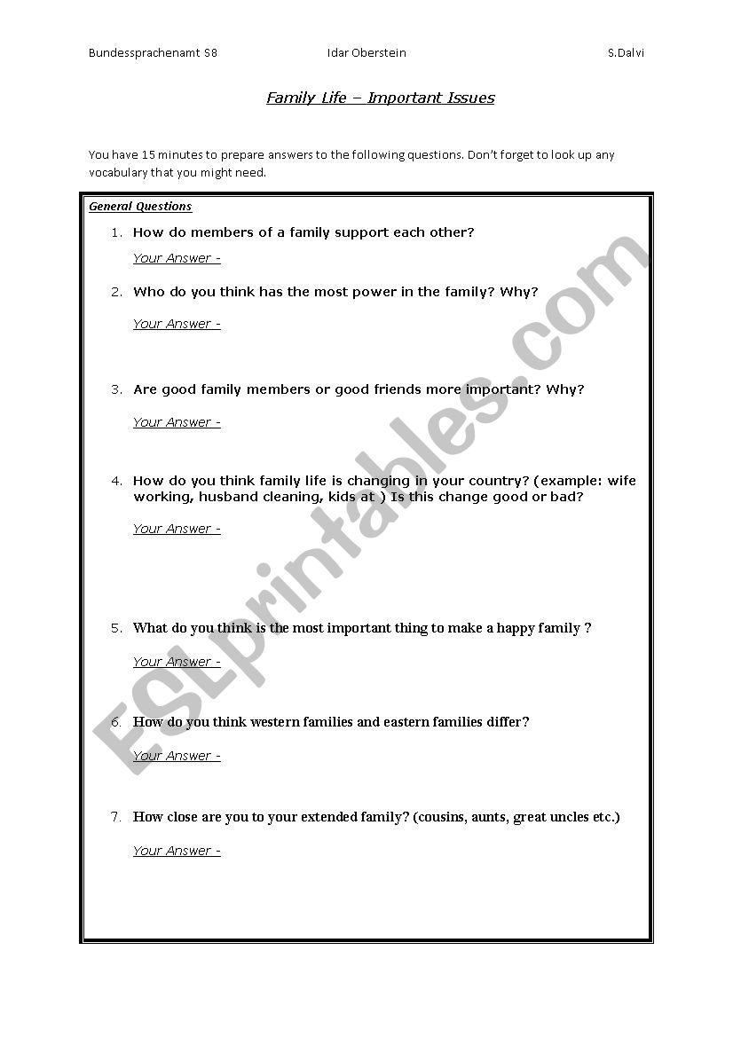 family life discussion worksheet