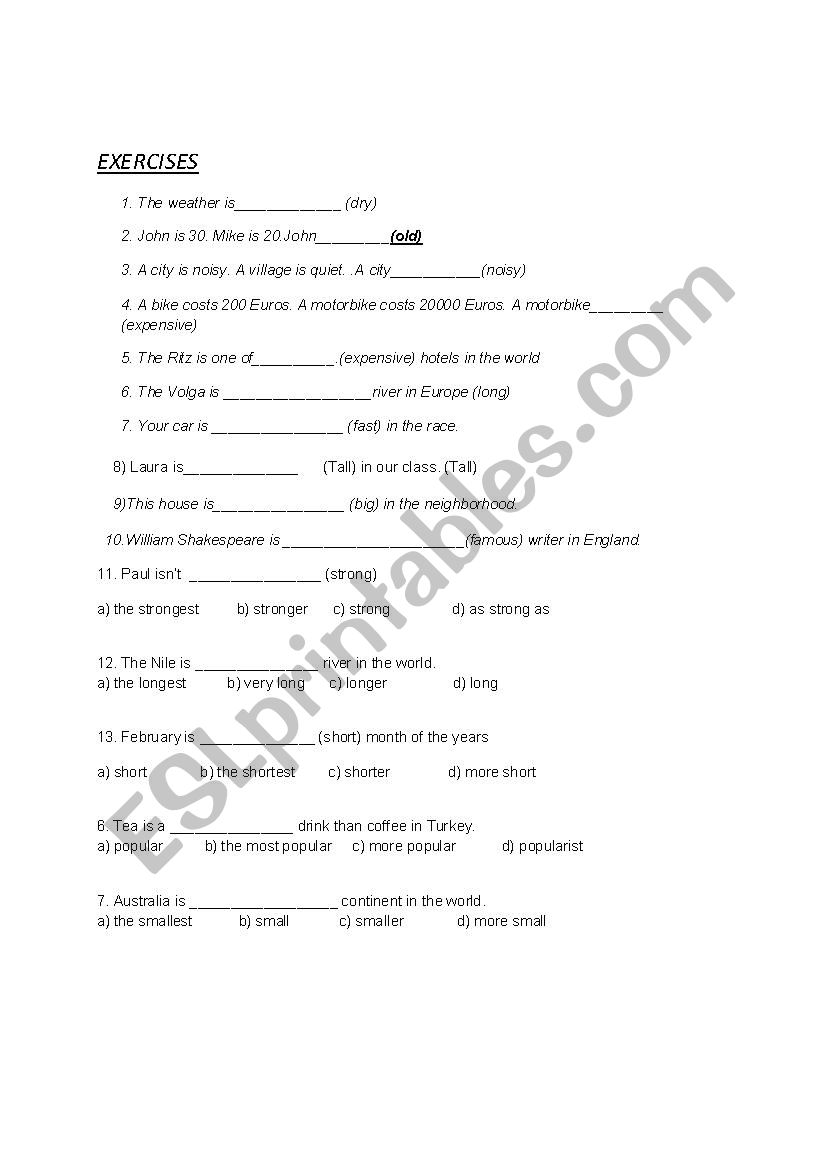 adjetives superlatives worksheet