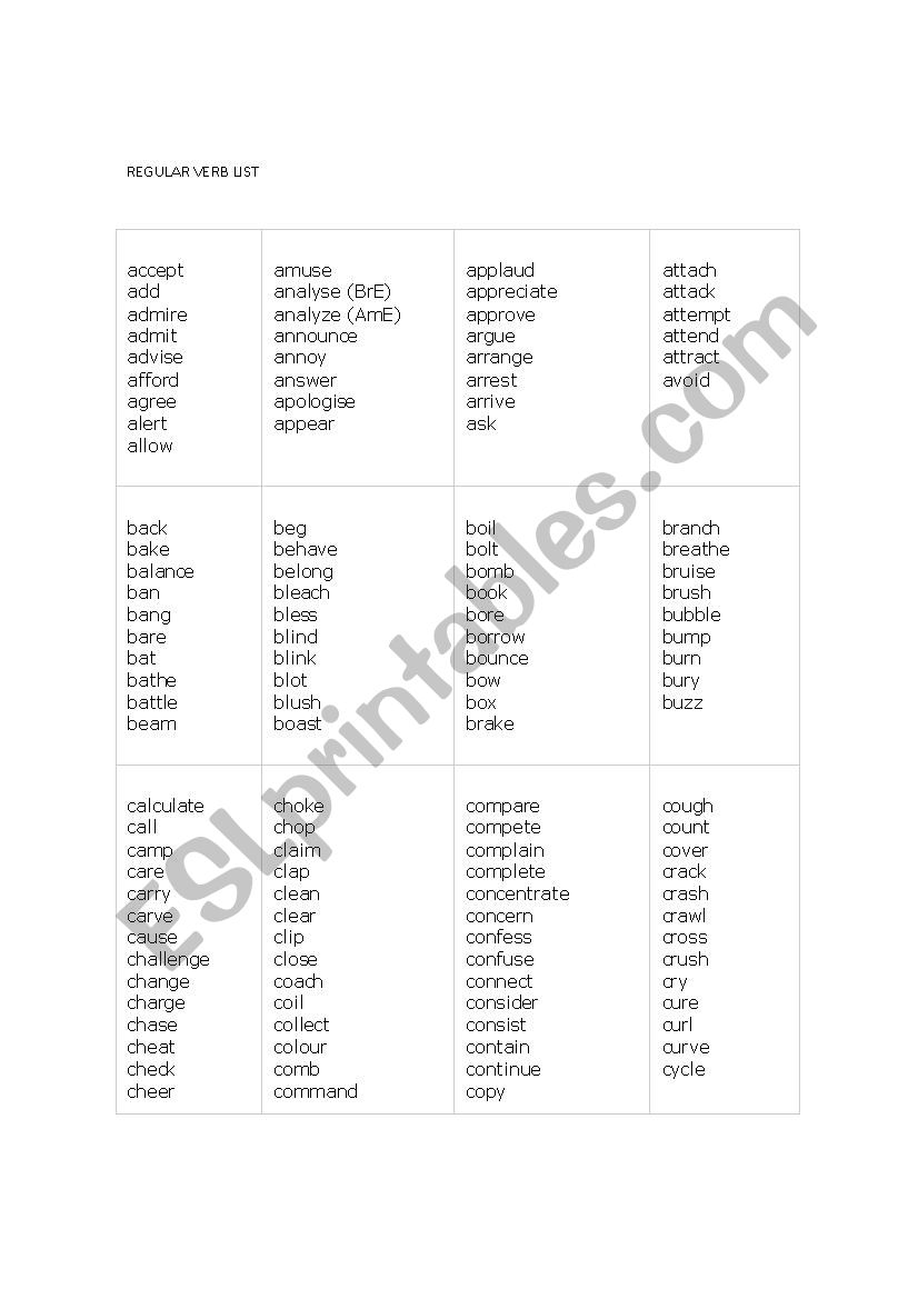 REGULAR VERB LIST worksheet