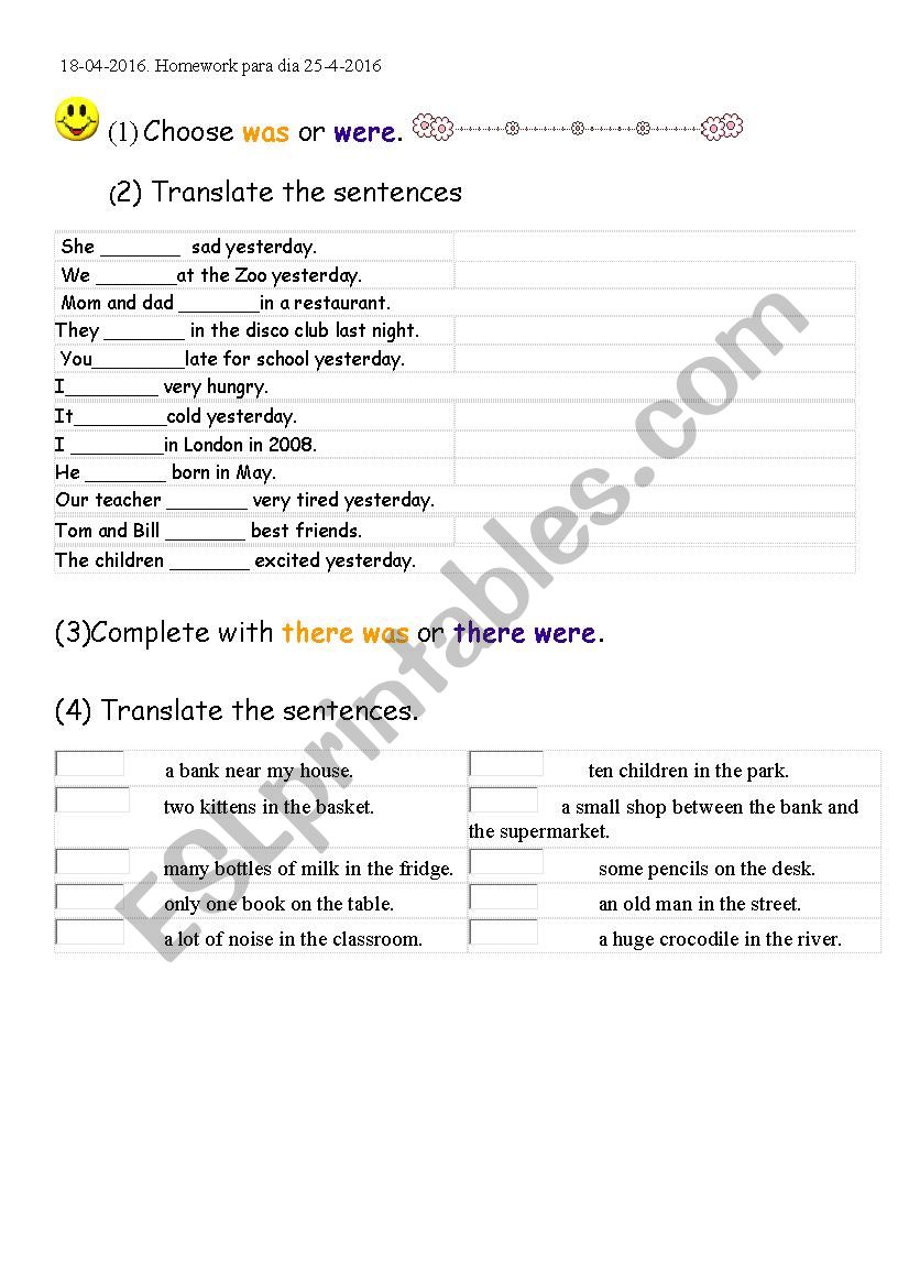 Exercise using was and were worksheet