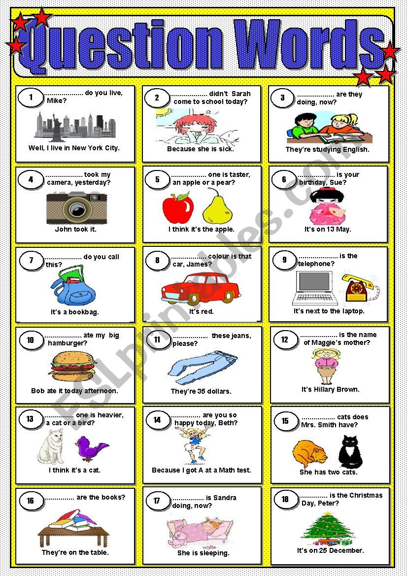 QUESTION WORDS: WHAT â€“ WHERE â€“ WHEN â€“ WHICH â€“ WHO â€“ WHY â€“ HOW â€“ HOW MUCH â€“ HOW MANY / KEY INCLUDED