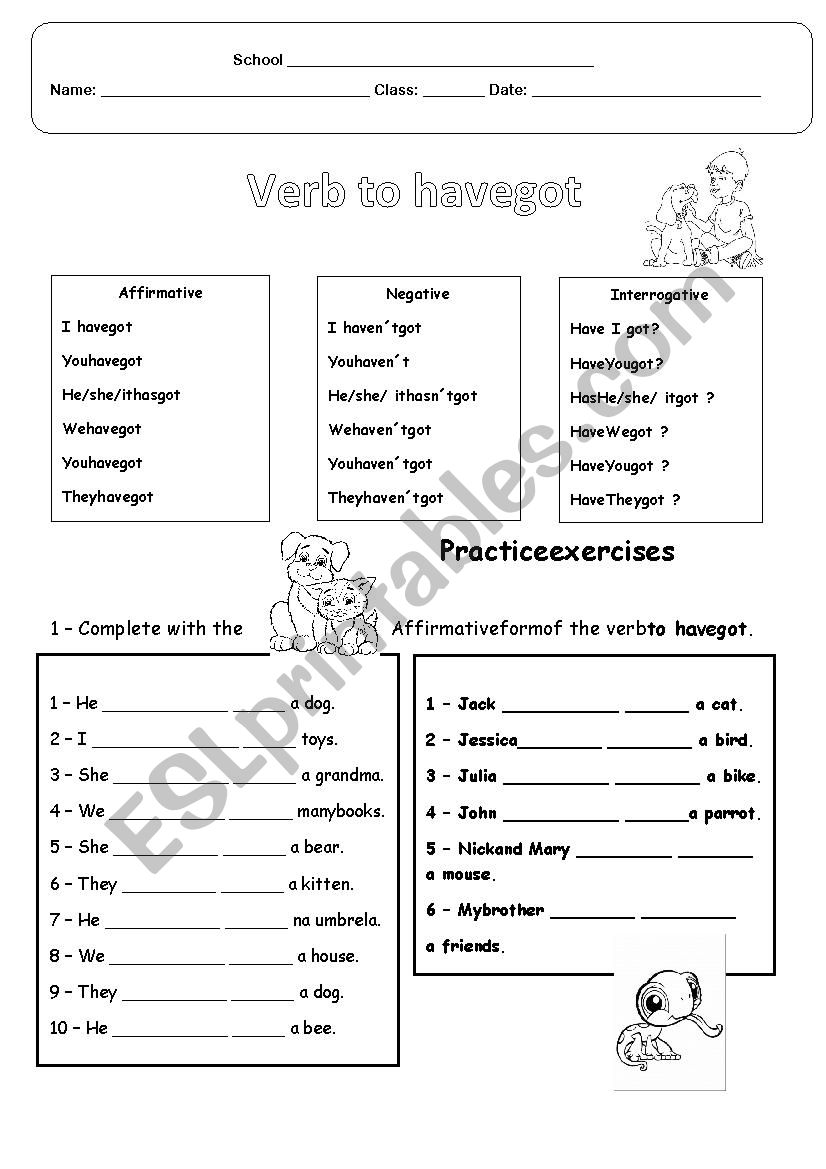 verb to have got worksheet