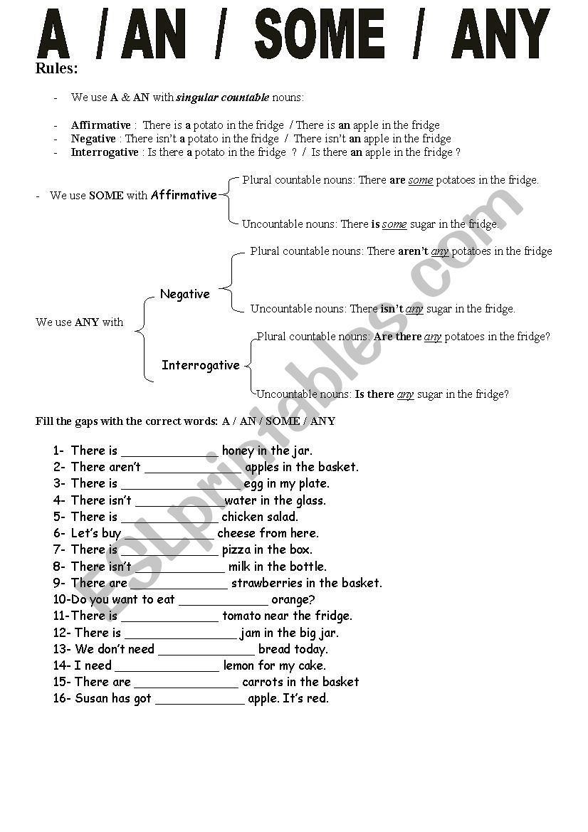 A / AN / SOME / ANY worksheet