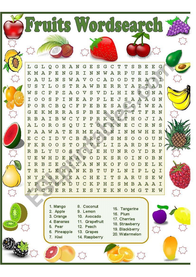Fruits Wordsearch worksheet