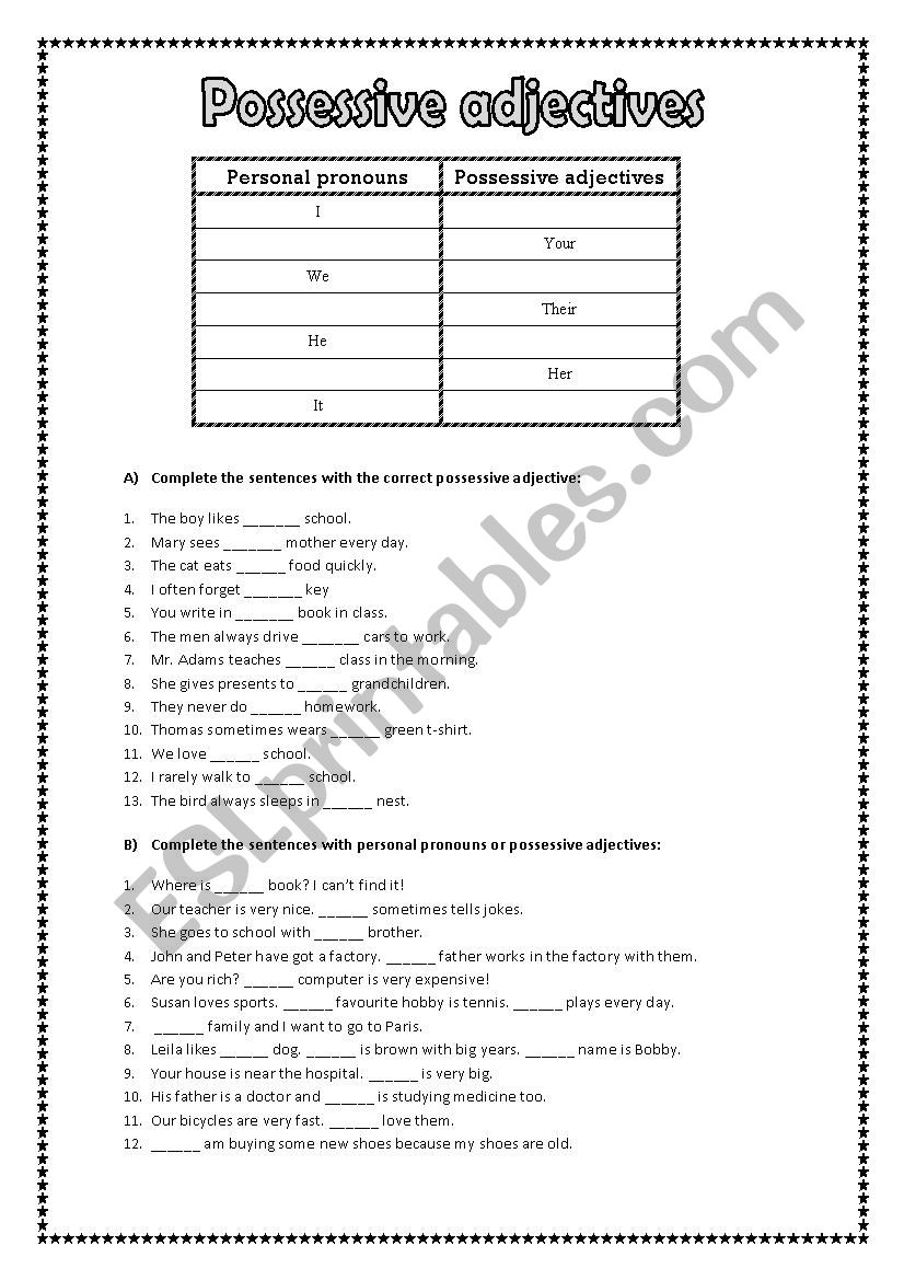 Worksheet:Possessive adjectives/ Possessive pronouns