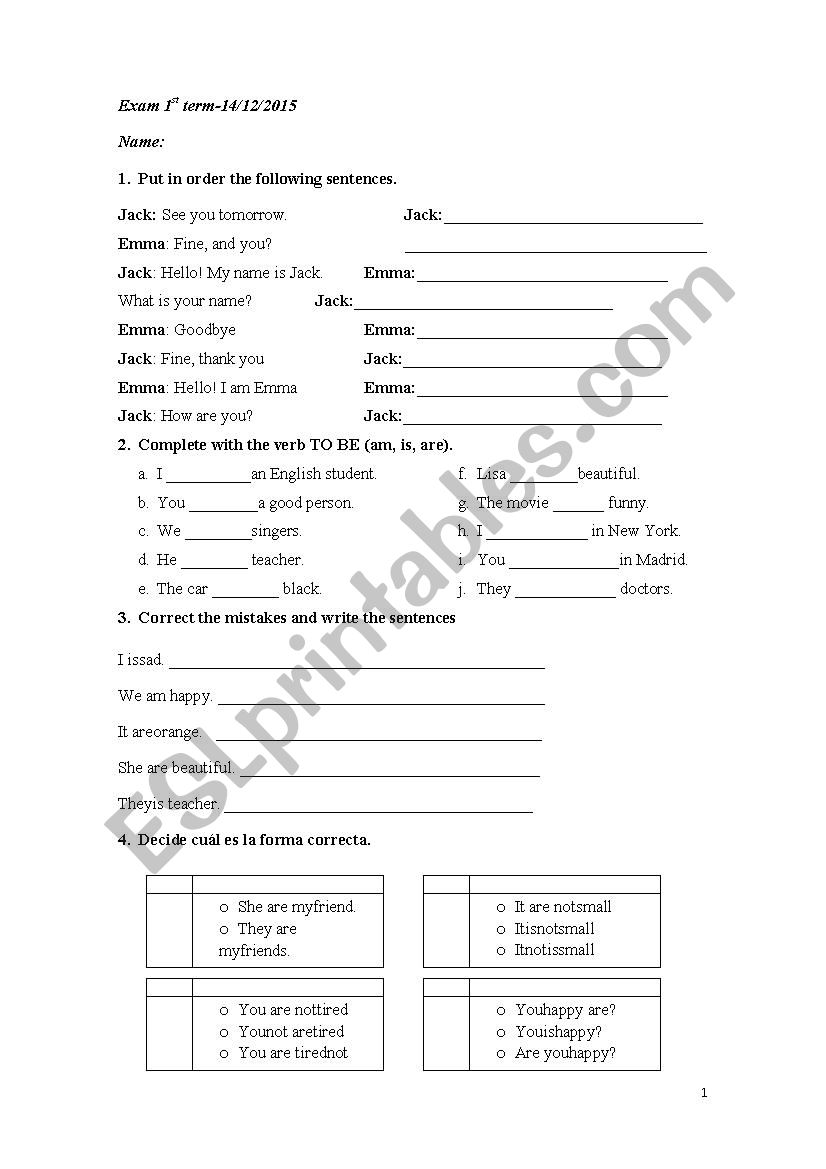 Exam worksheet