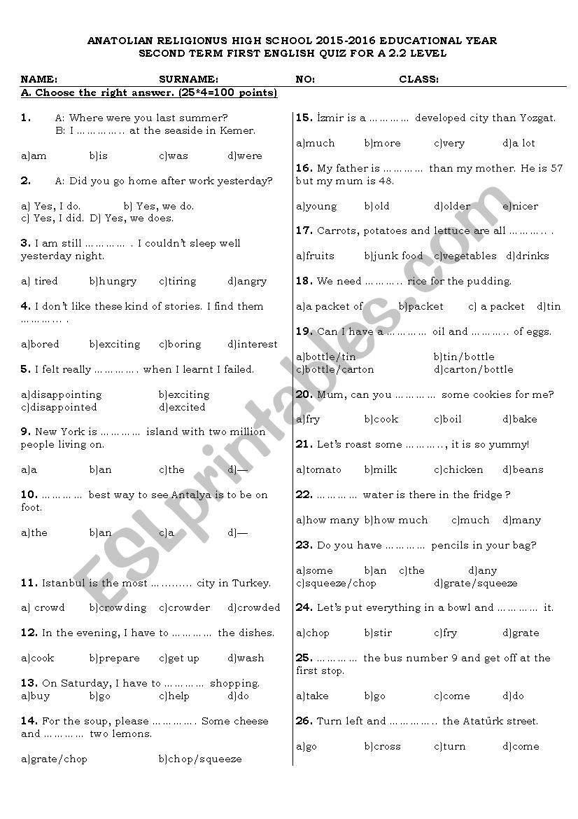 A quiz for intermediate level worksheet