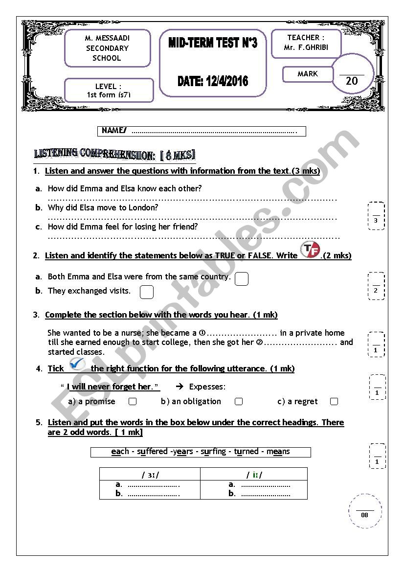 mid-term test 3  first year sec . edu.  Tunisian sts