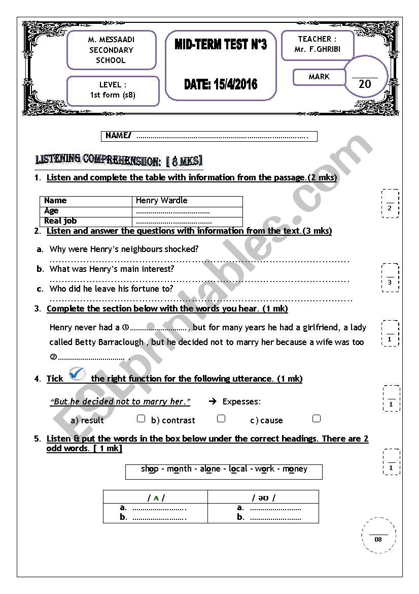 mid-term test 3  first year sec . edu.  Tunisian sts