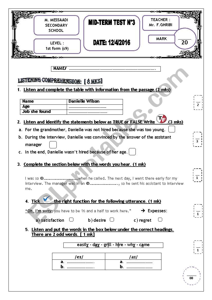 mid-term test 3  first year sec . edu.  Tunisian sts