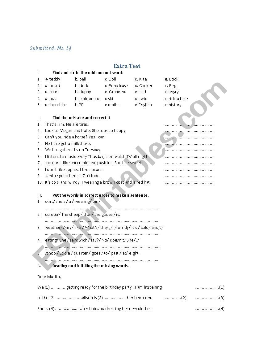 extra test for grage 4 worksheet