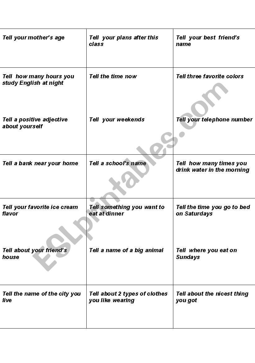 Tell Cards worksheet