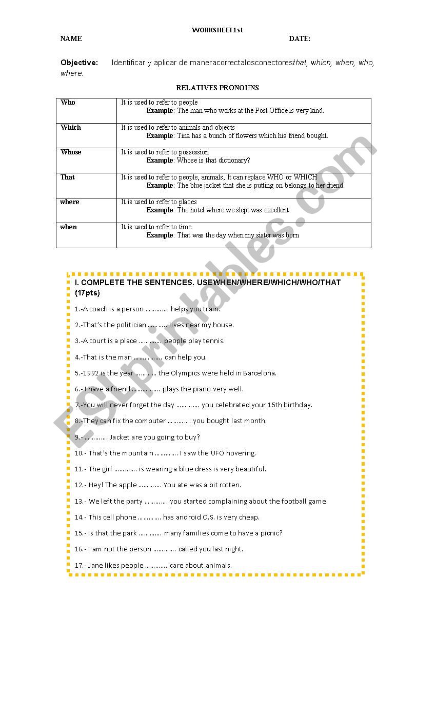 relatives pronouns worksheet