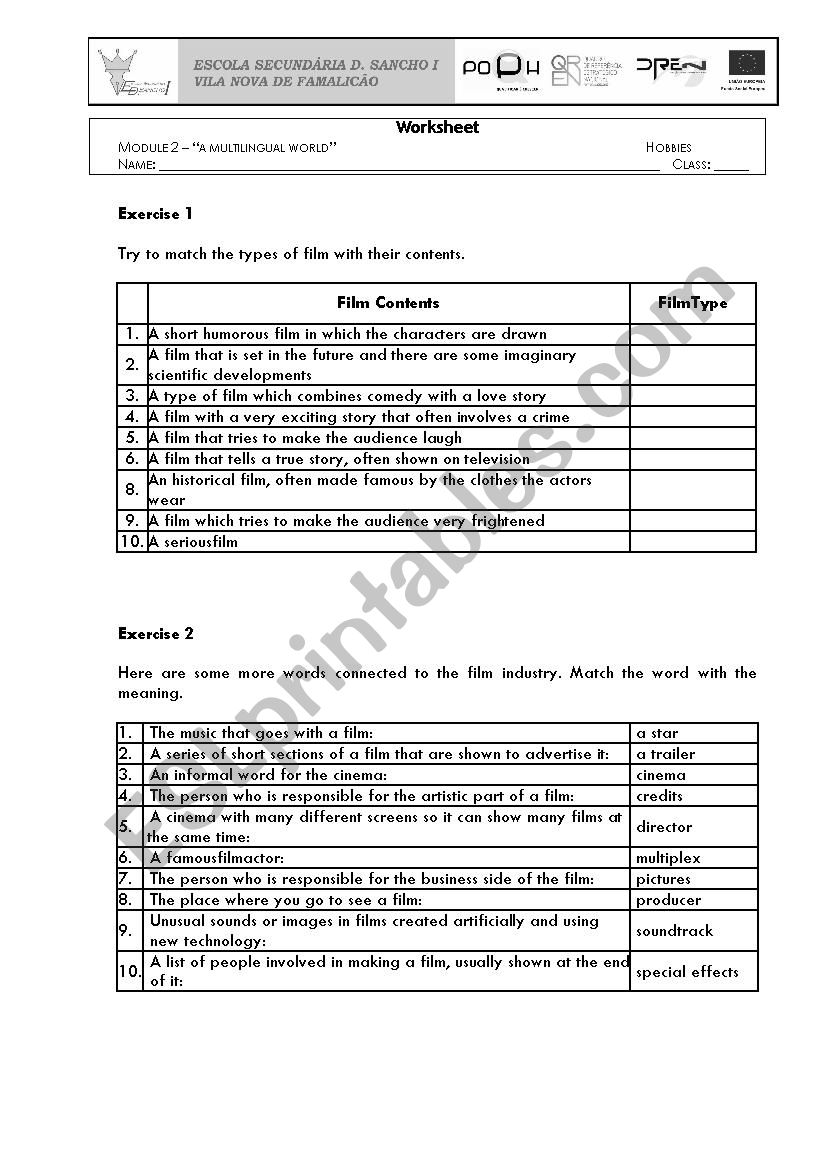 Cinema vocabulary worksheet