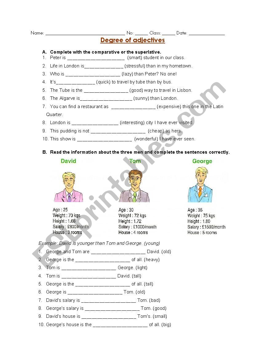 Degrees of adjectives worksheet