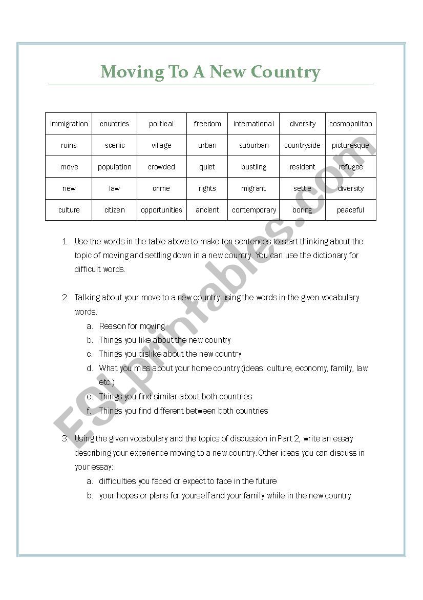 Moving To A New Country worksheet