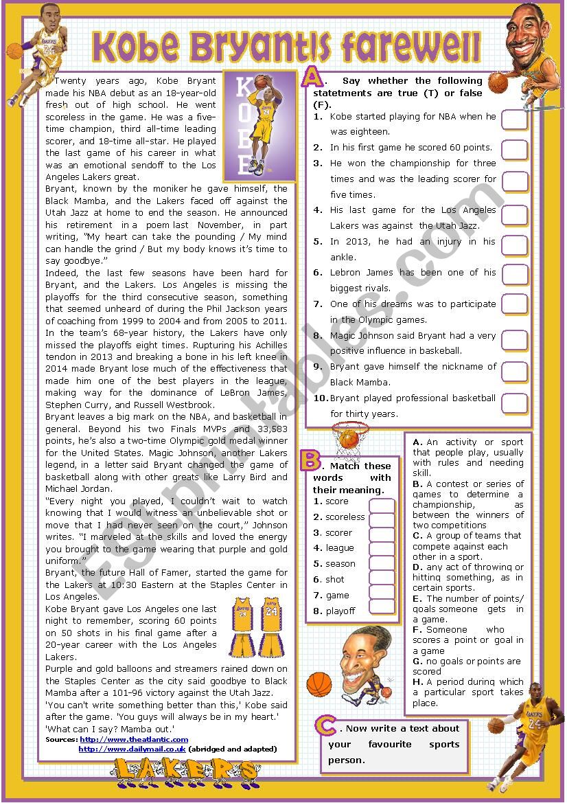 Kobe Bryants farewell worksheet