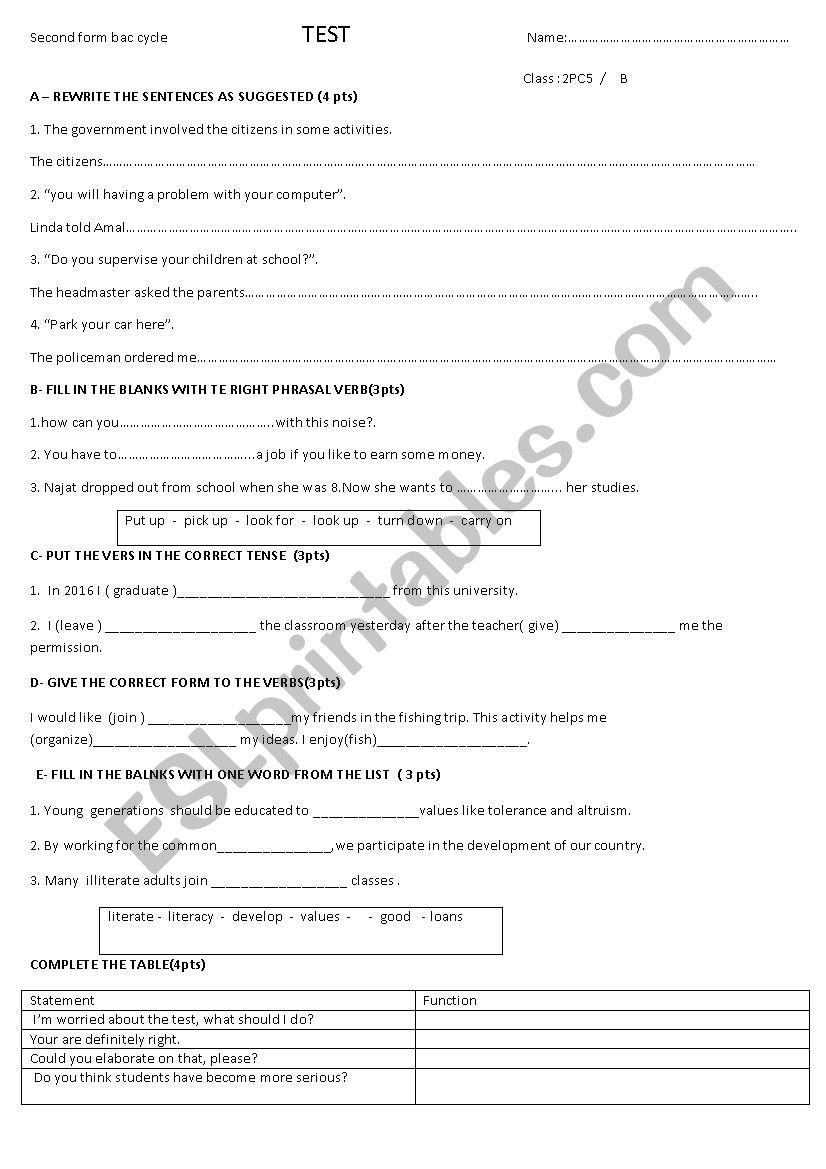  Second term language test worksheet