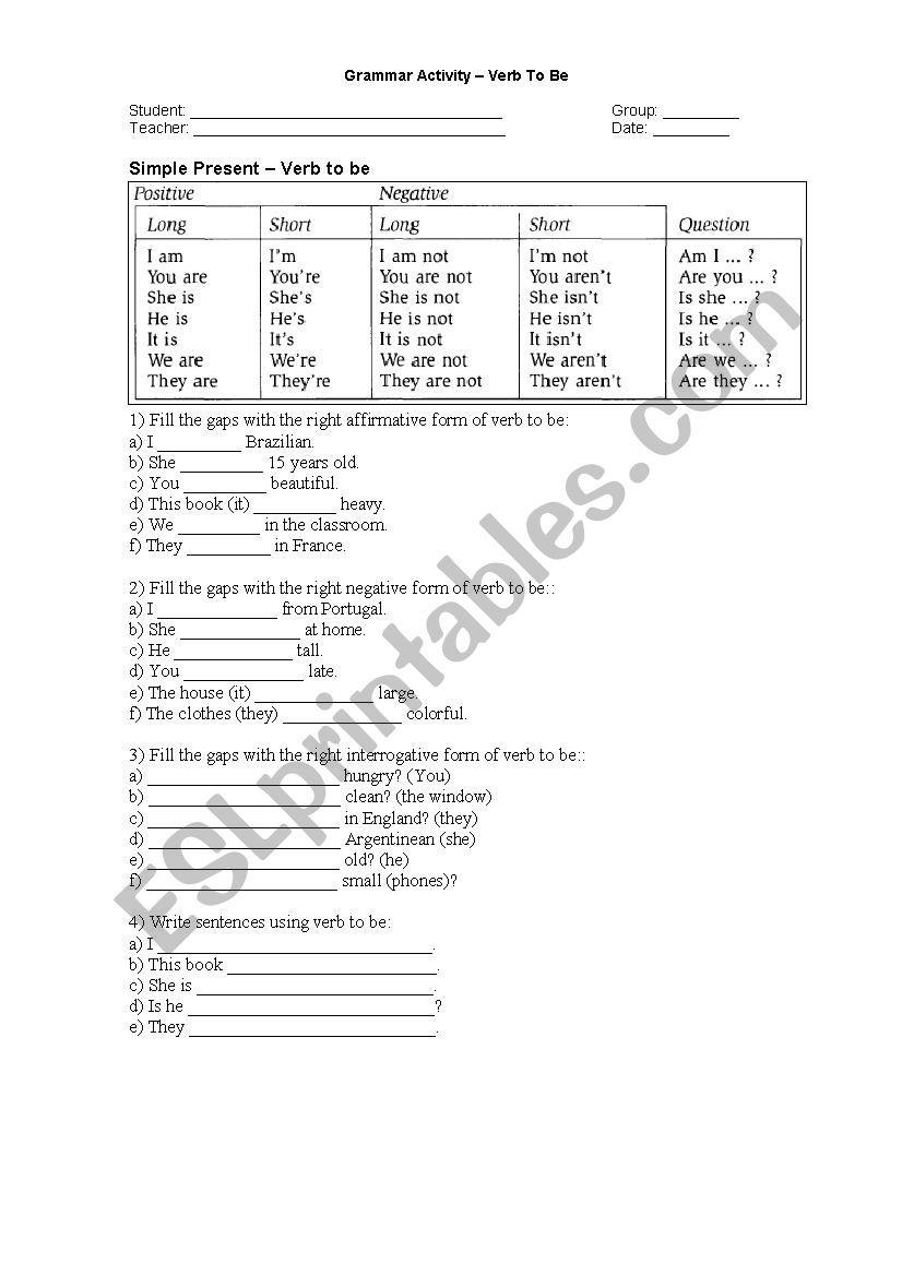 Verb To be - exercises worksheet