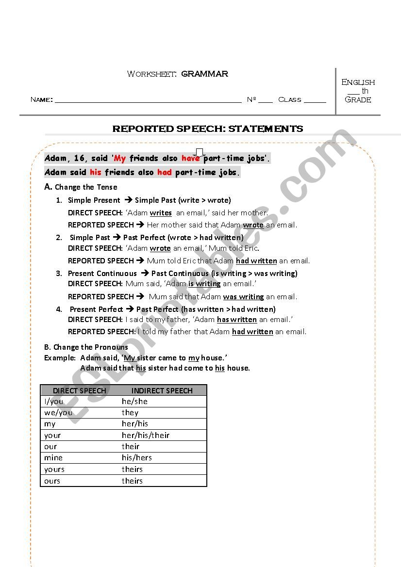 Reported Speech exercises worksheet