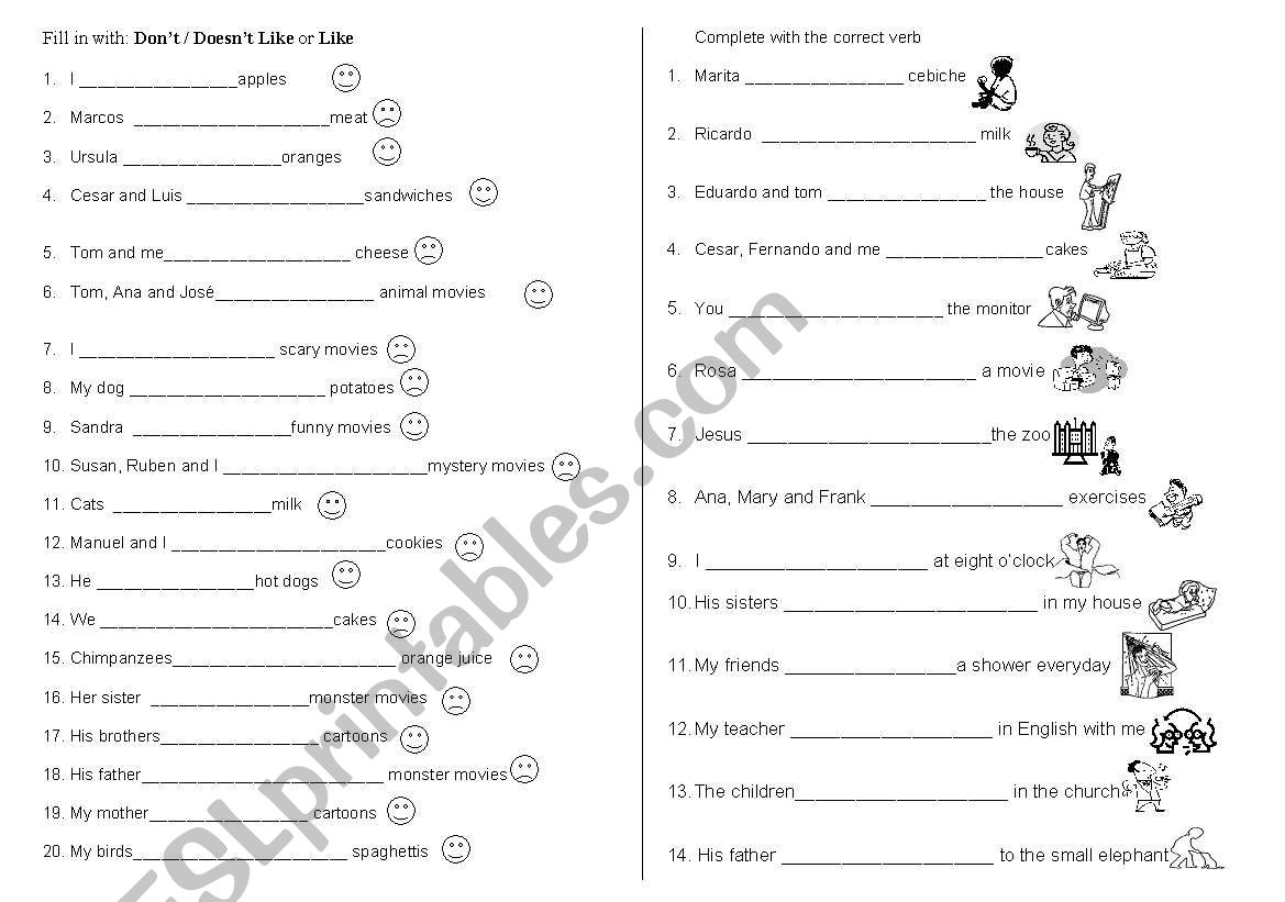 like - dont like worksheet