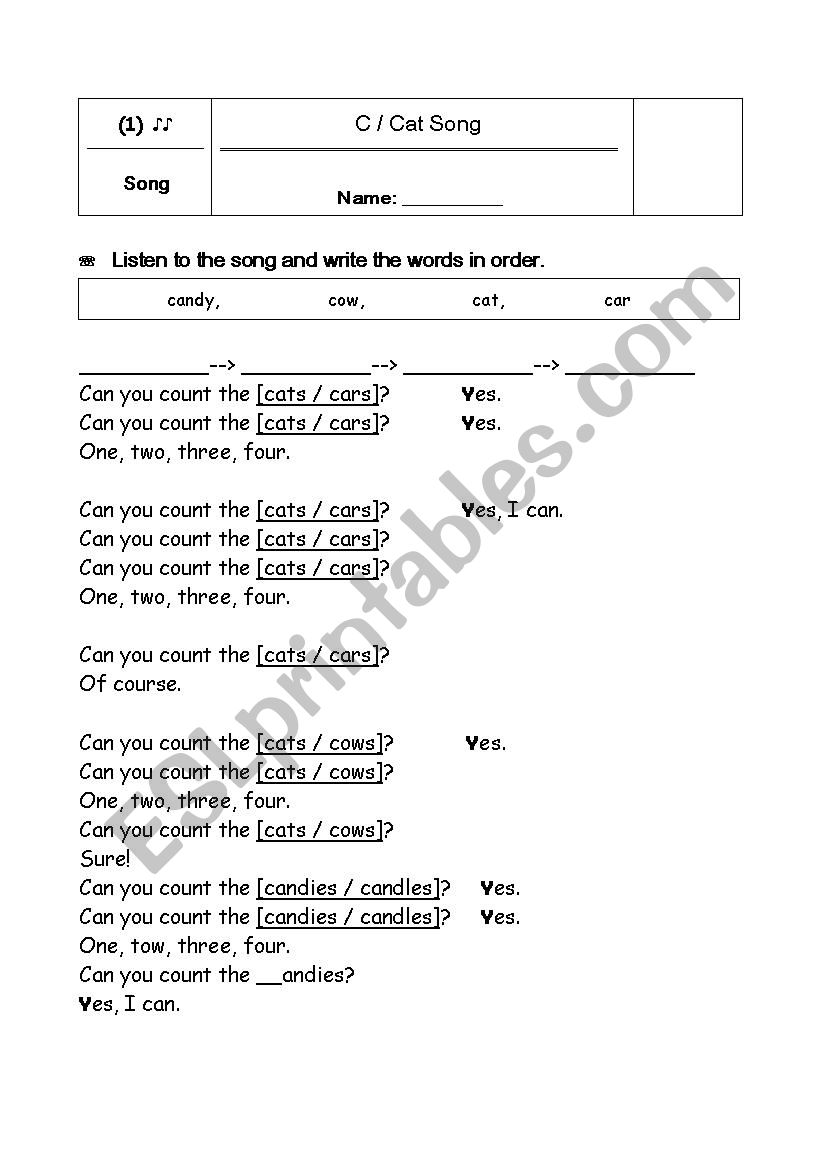 Can you count the cats? (Song Worksheet)