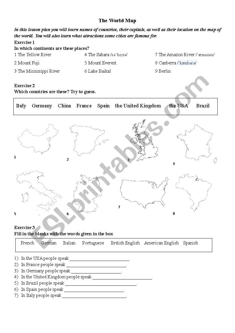 The World Map worksheet