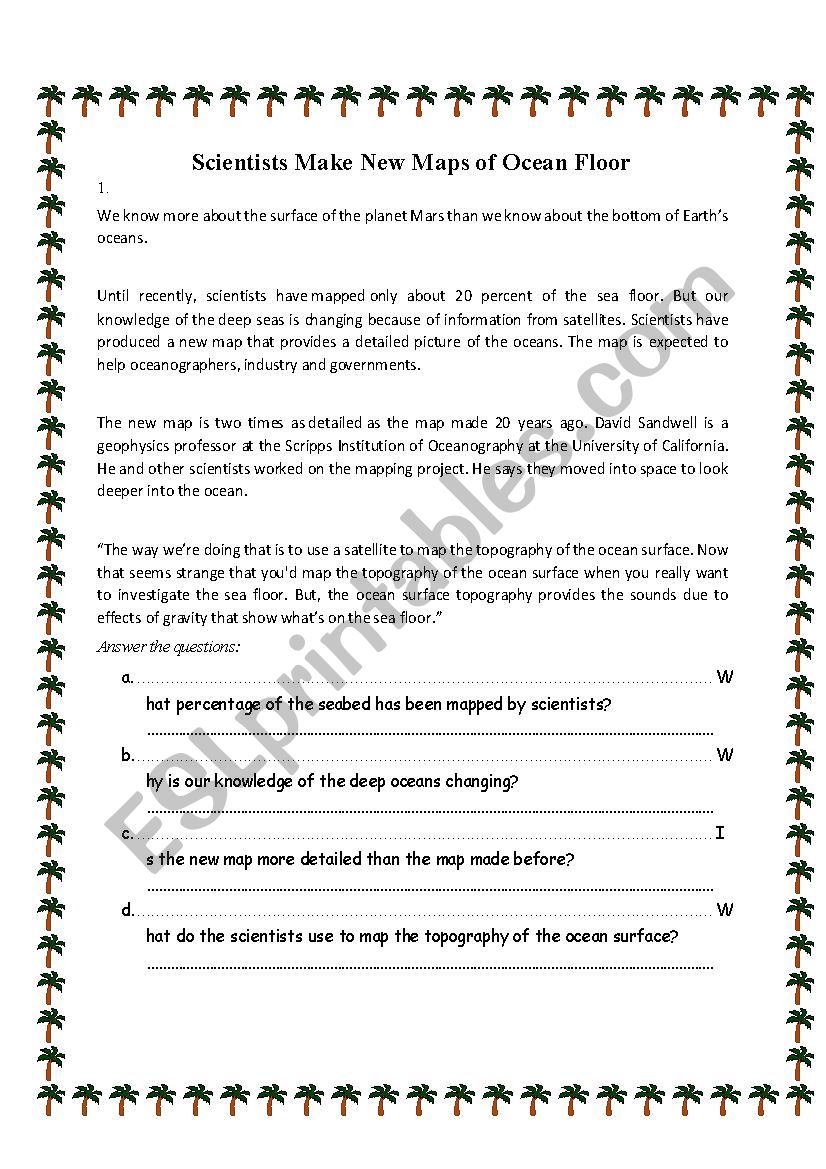 Reading comprehension: Scientists make new maps of ocean floor Regarding Planet Earth Ocean Deep Worksheet