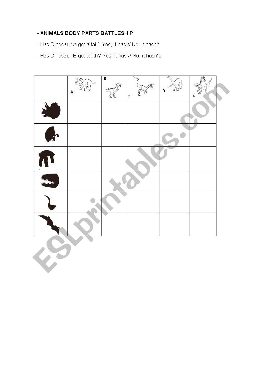 Animal body parts battleship worksheet