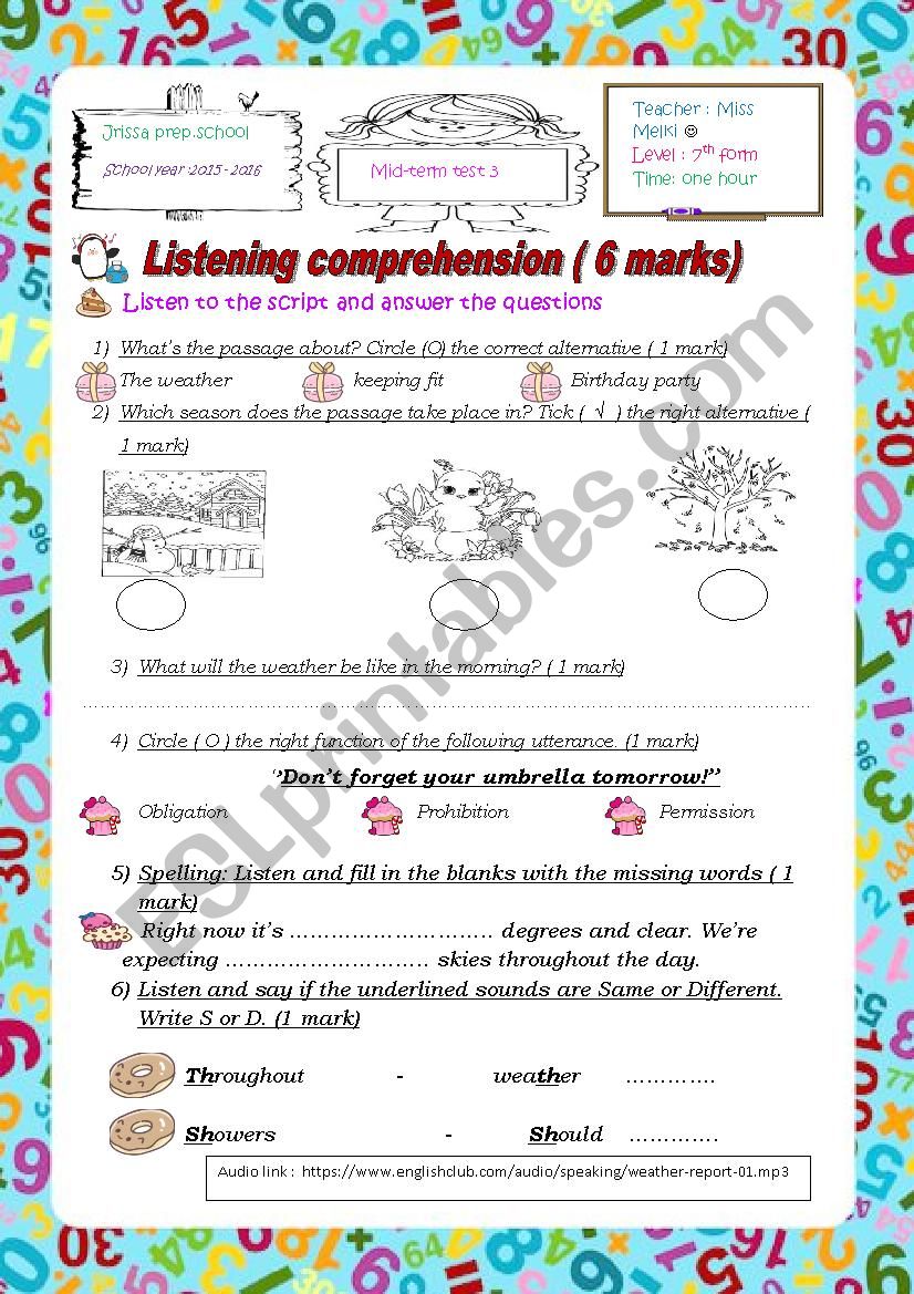 Mid-term test 3 7th form worksheet