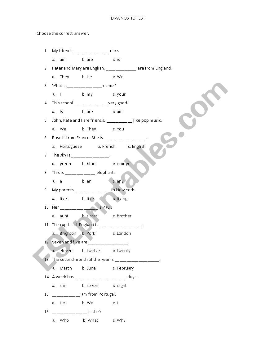 Diagnostic Test worksheet