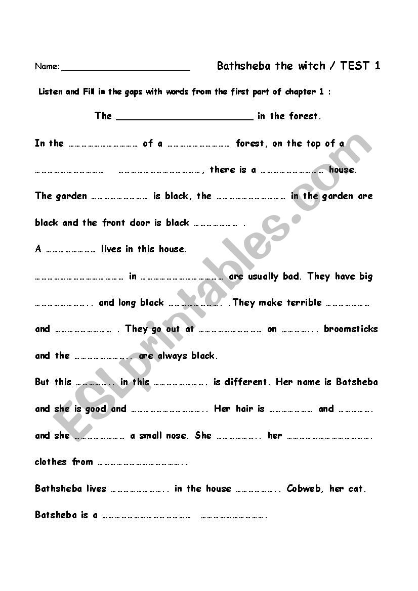 Bathsheba the witch worksheet